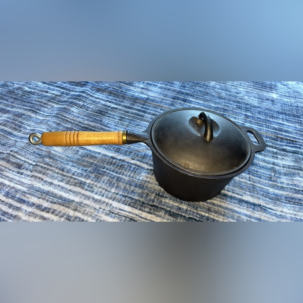 Vintage Cast Iron Saucepan with Lid & Wooden Handle | Rustic Farmhouse Cookware